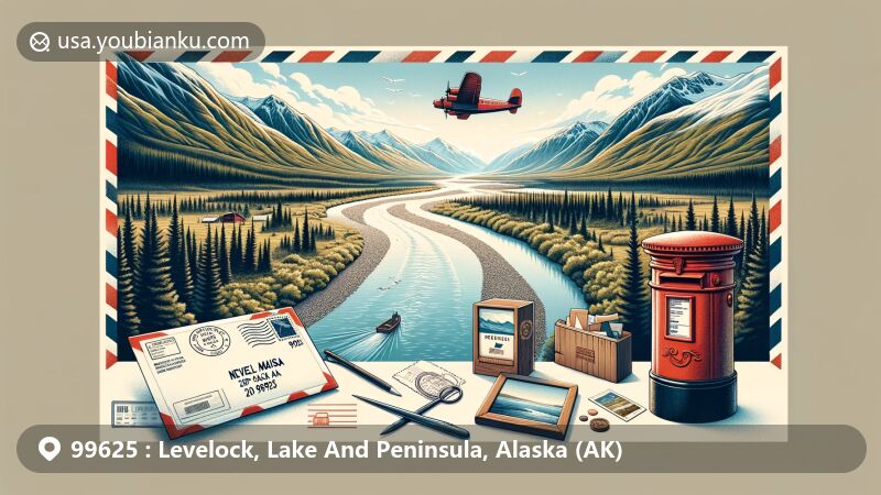 Modern illustration of Levelock, Lake And Peninsula, Alaska (AK), featuring the scenic Kvichak River, lush greenery, and a vintage air mail envelope with ZIP code 99625. Includes a postcard of the river view and a classic red postbox, capturing the essence of rural postal charm.