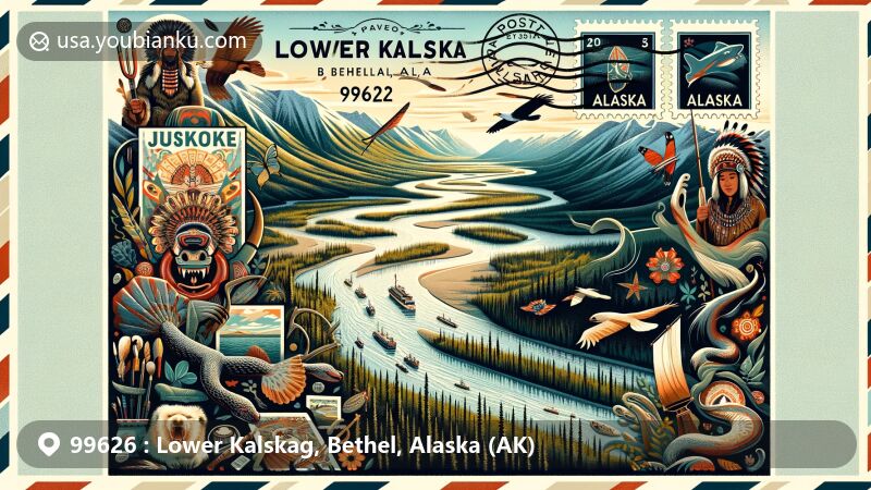 Modern aerial envelope-style postcard illustration of Lower Kalskag, Bethel, Alaska, capturing the essence of ZIP code 99626. Features Kuskokwim River, Yup'ik cultural symbols, Alaska's natural beauty, and postal elements.