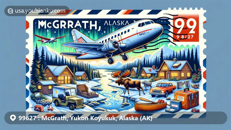 Modern illustration of McGrath, Alaska, showcasing airmail envelope theme with Kuskokwim River, airplane, moose, and northern lights, reflecting small-town charm and outdoor activities.