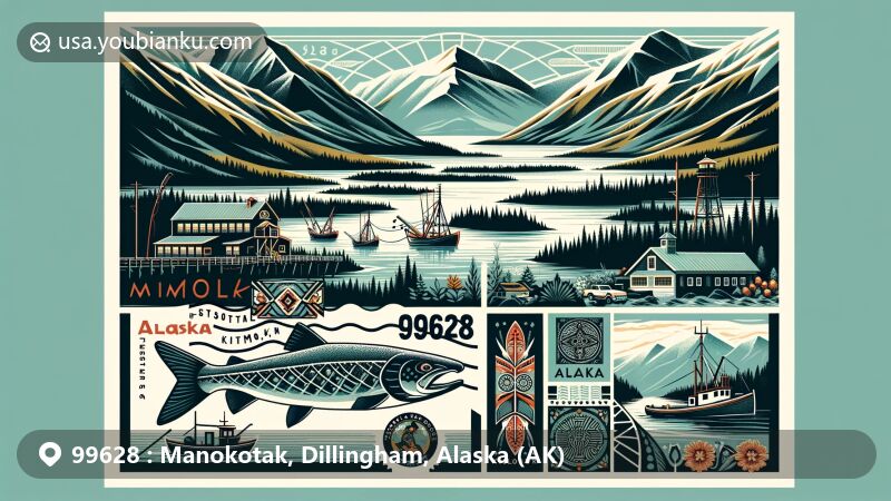 Modern illustration of Manokotak, Alaska, featuring natural beauty and cultural heritage, with Igushik River, Kilbuck-Kuskokwim Mountains, Yup'ik symbols, and salmon fishing elements in a vintage postcard design.