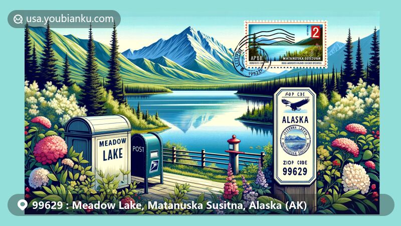 Modern illustration of Meadow Lake in Matanuska-Susitna Borough, Alaska, showcasing postal theme with ZIP code 99629, featuring Alaska Range and serene greenery.