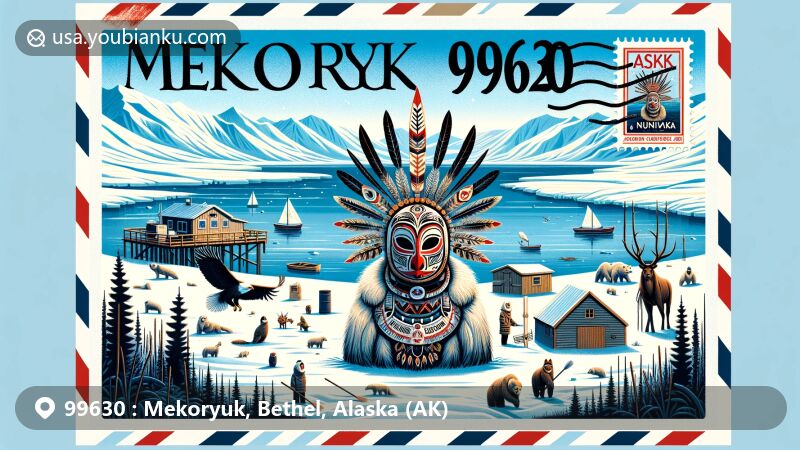 Modern illustration of Mekoryuk, Nunivak Island, Alaska, showcasing Yup'ik Eskimo culture and icy tundra climate, featuring traditional masks and local wildlife, set within an airmail envelope with ZIP code 99630.