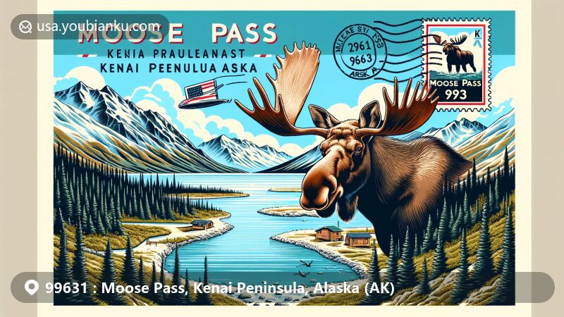 Vibrant illustration of Moose Pass, Alaska, showcasing Chugach National Forest, Upper Trail Lake, and snow-capped mountains, with a moose as a central figure.
