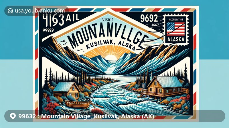 Modern illustration of Mountain Village, Kusilvak, Alaska, showcasing postal theme with ZIP code 99632, featuring the Yukon River, Yup'ik dwelling, Alaska state flag, and postal mark.
