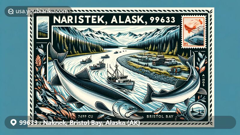 Modern illustration of Naknek, Bristol Bay Borough, Alaska, showcasing postal theme with ZIP code 99633, featuring Naknek River, Kvichak Bay, and salmon fishing industry.