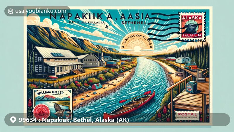 Vibrant illustration of Napakiak, Bethel, Alaska, showcasing Kuskokwim River, William Miller Memorial School, traditional Yup'ik kayak, and postal elements with vintage air mail theme.