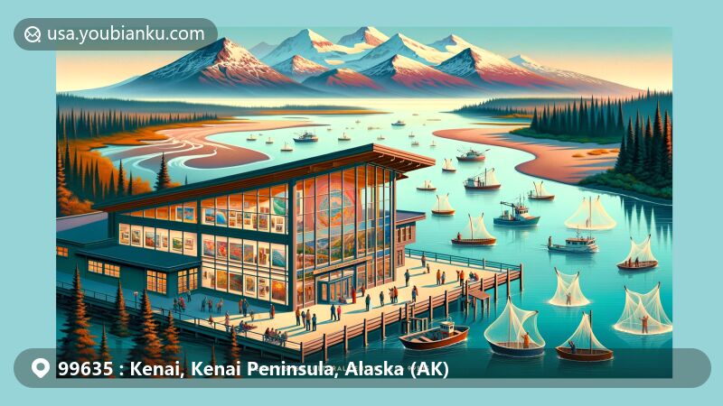 Modern illustration of Kenai, Kenai Peninsula, Alaska, featuring Kenai Visitors & Cultural Center, dip-net fishing at Kenai River, Cook Inlet, Mt. Redoubt, Mt. Spur, Mt. Iliamna, Russian Orthodox Church, and ZIP Code 99635.