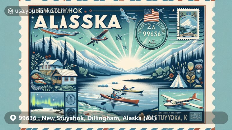 Modern illustration of New Stuyahok, Alaska, showcasing postal theme with ZIP code 99636, featuring Nushagak River, native Alaskan culture, winter activities, and the Northern Lights.