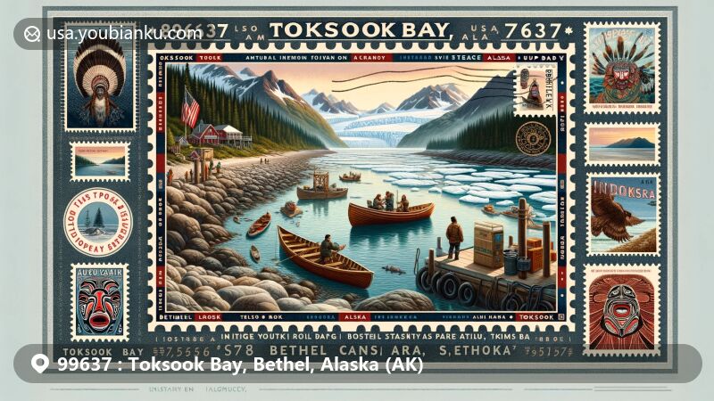 Modern illustration of Toksook Bay, Alaska, showcasing postal theme with ZIP code 99637, highlighting Yup'ik culture and subsistence lifestyle centered around fishing.