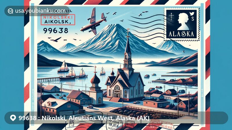 Modern illustration of Nikolski, Aleutians West County, Alaska, featuring ZIP code 99638 on an air mail envelope, showcasing Mount Vsevidof, the Bering Sea, and St. Nicholas Russian Orthodox Church.