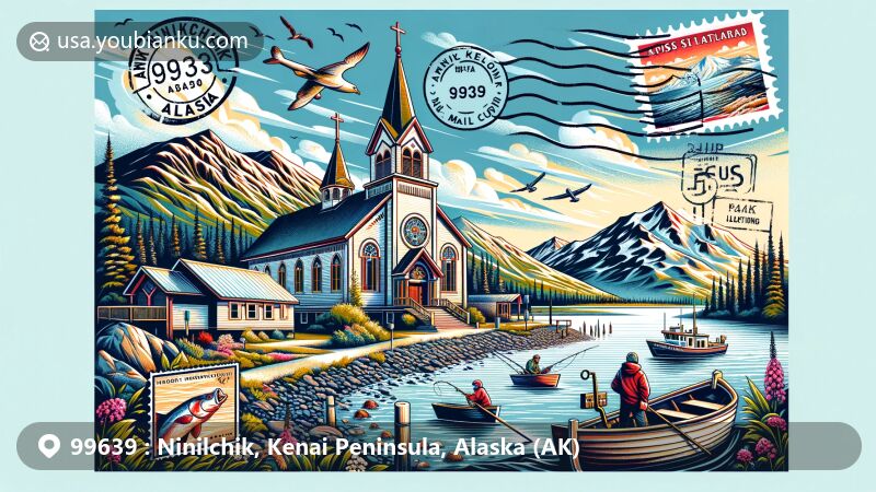 Modern illustration of Ninilchik, Alaska, showcasing Kenai Peninsula landscape, Holy Transfiguration Chapel, fishing, and clamming activities. Features Mount Iliamna, Mount Redoubt, stamps, postmark, and ZIP Code 99639.