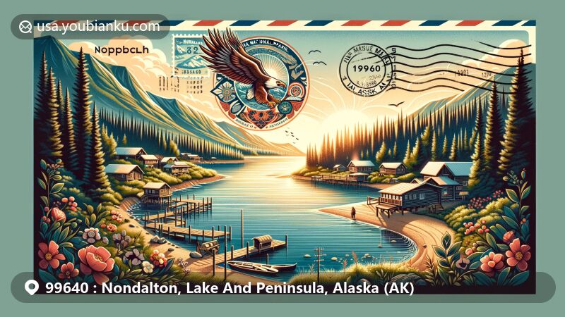 Modern illustration of Nondalton, Alaska, ZIP Code 99640, blending postal elements with iconic landmarks like Six Mile Lake and Lake Clark National Park, featuring Dena'ina Athabascan motif and Alaska state flag.