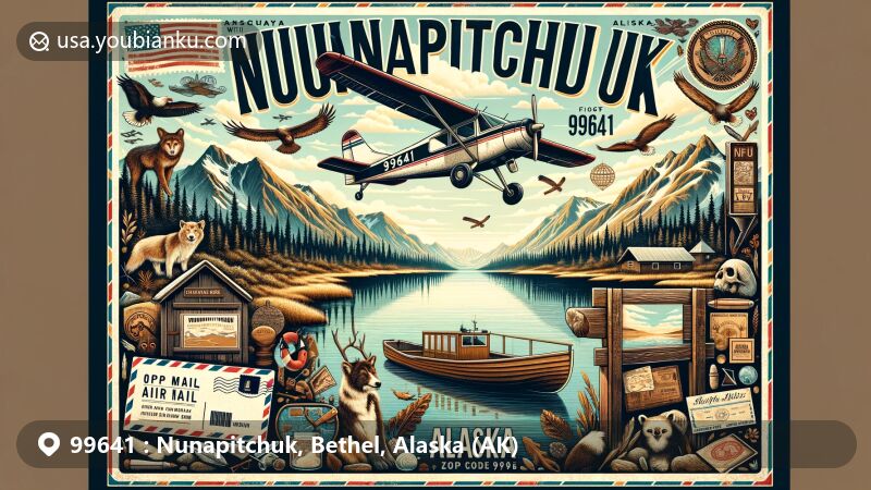 Modern illustration of Nunapitchuk, Alaska, in the Bethel Census Area with ZIP code 99641, showcasing the unique charm and traditional Inupiaq culture and stunning Alaska landscape with lakes, mountains, wildlife, and local cultural symbols.
