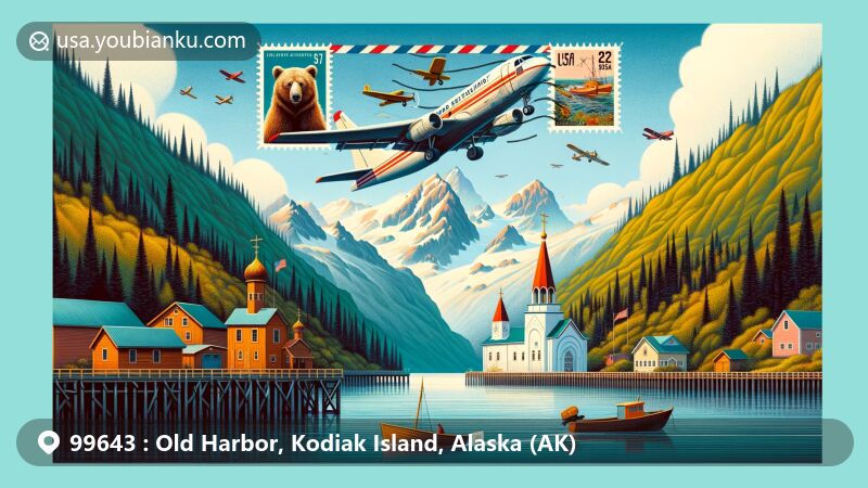 Contemporary illustration of Old Harbor, Kodiak Island, Alaska, showcasing postal theme with ZIP code 99643, featuring aviation-themed envelope with Kodiak brown bear and Russian Orthodox Church stamps, scenic beauty of tall peaks, Sitkalidak Strait, lush landscape, Alutiiq heritage elements, and traditional fishing boat.