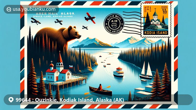 Modern illustration of Ouzinkie, Kodiak Island, Alaska, featuring a postal theme with airmail envelope symbolizing access by air and water, depicting Ouzinkie Narrows, Kodiak brown bear, Alutiiq cultural elements, Russian Orthodox Church, fishing nets, and halibut.