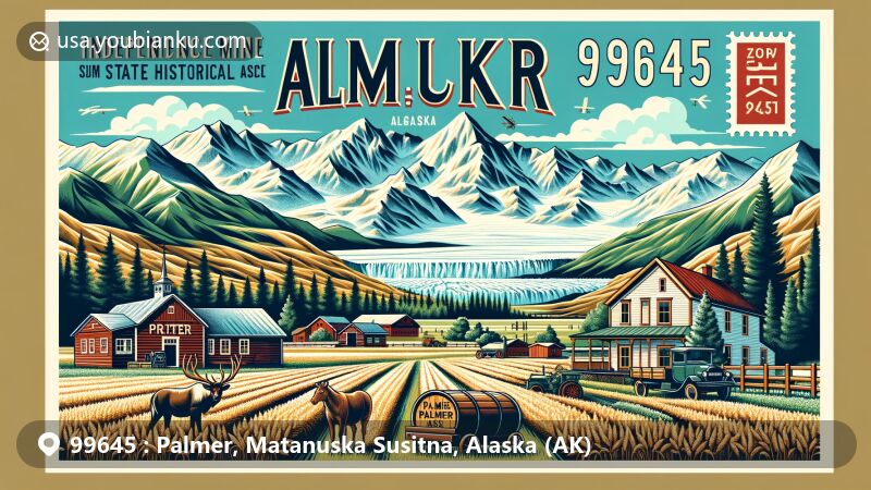 Vintage-style illustration of Palmer, Alaska, showcasing postal theme with ZIP code 99645, featuring Pioneer Peak, Matanuska Glacier, agricultural fields, Sunderland Ranch, Reindeer Farm, and Independence Mine State Historical Park.