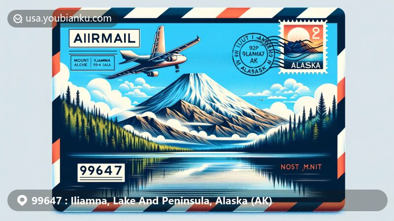Artistic depiction of Iliamna area, Alaska, with ZIP Code 99647, featuring Mount Iliamna, Lake Iliamna, airmail envelope, stamp, and postmark.