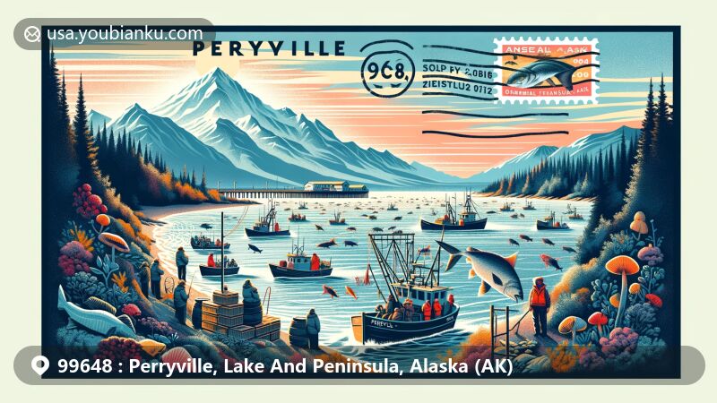 Modern illustration of Perryville, Alaska, representing Alutiiq culture and subsistence lifestyle with commercial fishing, against the backdrop of Alaska Peninsula's southern coast and Chiachi Islands.