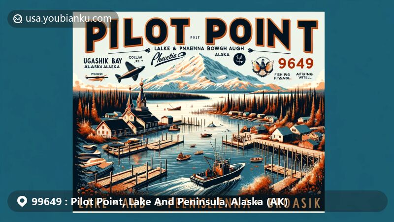 Modern illustration of Pilot Point, Lake and Peninsula Borough, Alaska, highlighting natural beauty and cultural heritage with symbols of the Alutiiq and Yup'ik communities, featuring the Ugashik River and Russian Orthodox Church.
