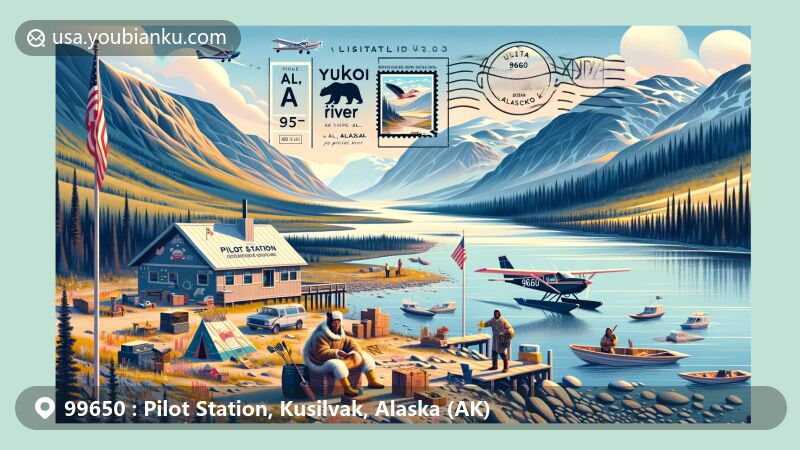 Modern illustration of Pilot Station, Alaska, portraying Yukon River influence, Yup'ik culture, remote access via planes and boats, Alaskan wilderness, and a postal theme with ZIP code 99650.