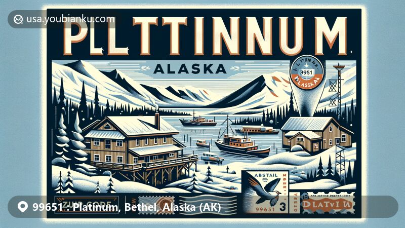 Modern illustration of Platinum, Alaska, featuring historical mining boomtown elements and native Inuit village Arviq, set against snowy landscapes and the Bering Sea, with postal theme of air mail envelope and ZIP code 99651.
