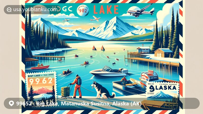 Modern illustration of Big Lake, Alaska, highlighting ZIP code 99652, featuring natural beauty and recreational activities like boating, snowmobiling, and dog mushing, with iconic views of Mount Susitna, Denali, and the Talkeetna Mountains.