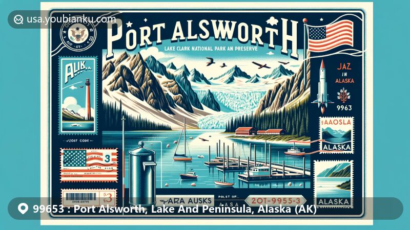 Modern illustration of Port Alsworth, Lake And Peninsula, Alaska (AK), featuring postcard with ZIP code 99653, showcasing Lake Clark National Park and Preserve's granite spires, turquoise lakes, hanging glaciers, and Alaska state flag.