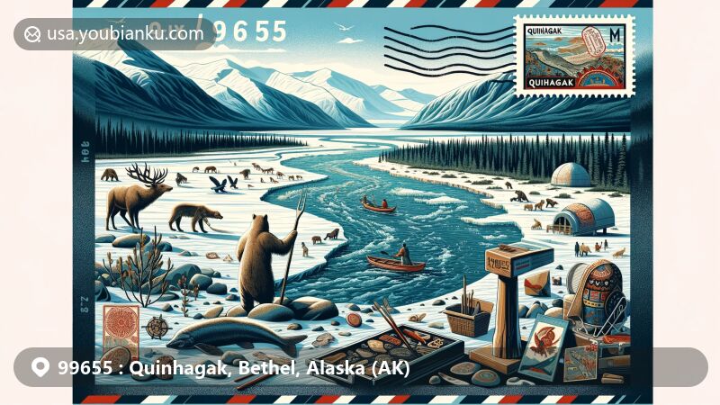 Modern illustration of Quinhagak, Bethel, Alaska, capturing scenic views of Kanektok River and eroding coastline, with nods to Yupik cultural heritage like artifacts from Nunalleq site and traditional hunting scene, featuring ZIP code 99655 and airmail theme.