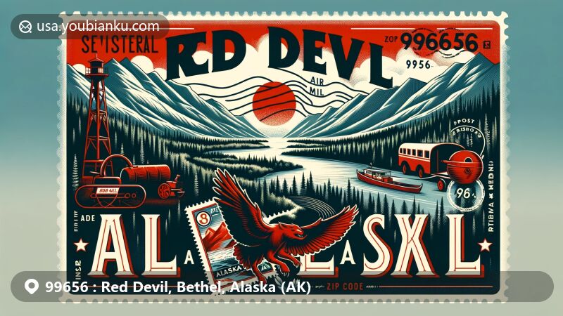 Modern illustration of Red Devil, Alaska, showcasing postal theme with ZIP code 99656, featuring Kuskokwim River, Red Devil Mine, vintage air mail elements, and Alaskan wilderness stamp.