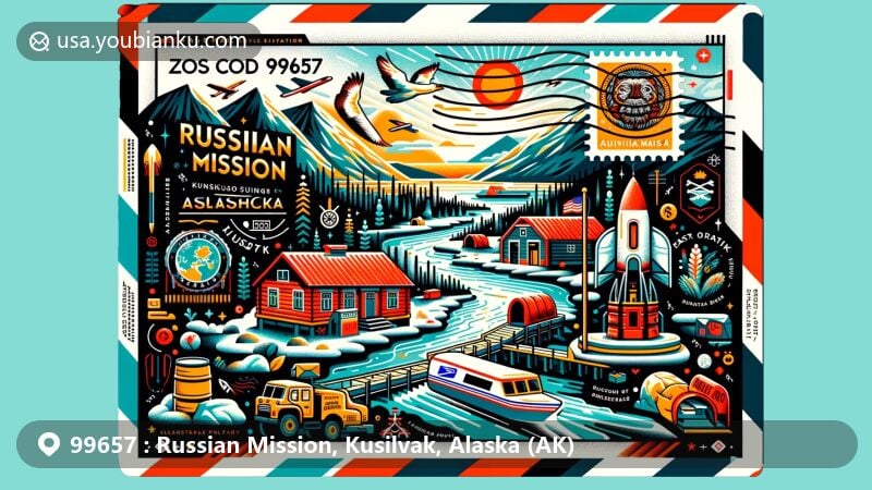 Modern illustration of Russian Mission, Kusilvak, Alaska, featuring elements like Yukon River, tundra, boreal forests, and historical nods to trading post, with postal theme including post stamp, ZIP code 99657, postal truck, and Alaska state flag symbols.