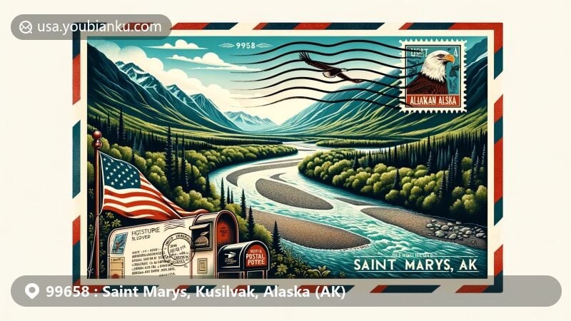 Modern illustration of Saint Marys, Kusilvak Census Area, Alaska, featuring postal theme with ZIP code 99658, showcasing Andreafsky River and Alaskan native cultural symbols.