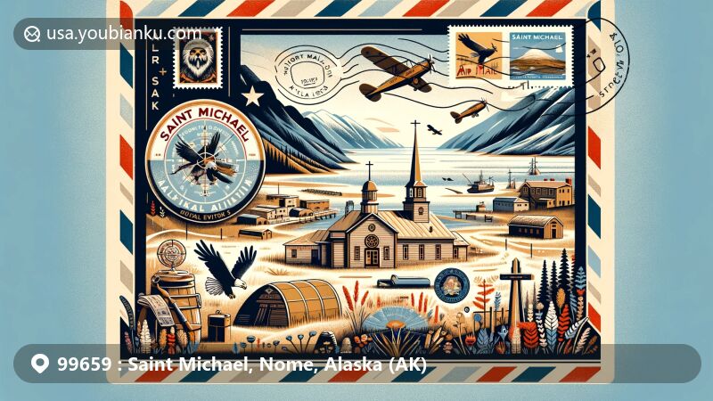 Creative illustration of Saint Michael, Alaska, showcasing postal theme with vintage air mail envelope and stamps, featuring Fort Saint Michael and Yup'ik Eskimo cultural symbols.