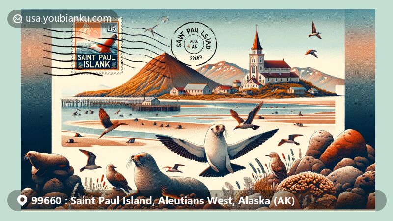 Modern illustration of Saint Paul Island, Alaska, featuring postal theme with geographical elements, wildlife like northern fur seals and bird species, cultural landmarks, and vintage-style air mail envelope with postage stamps and postmark.