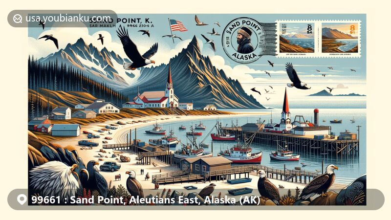 Modern illustration of Sand Point, Aleutians East Borough, Alaska (ZIP code 99661), showcasing the island's rugged beauty against the Bering Sea, featuring fishing boats, Trident Seafoods plant, local wildlife, and St. Nicholas Chapel.