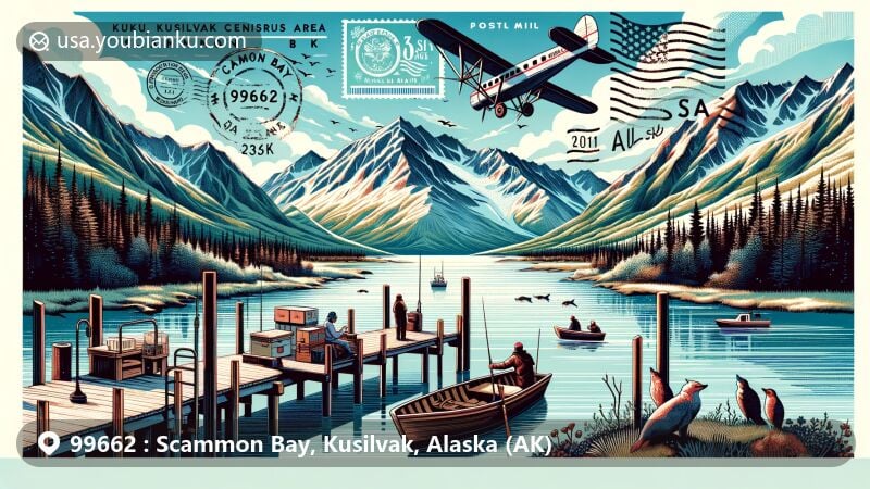 Modern illustration of Scammon Bay, Kusilvak Census Area, Alaska, featuring majestic mountains, glaciers, and elements of traditional subsistence lifestyle like fishing and hunting. The artwork captures the serene ambiance and remote beauty of Alaska's western coast, with vintage postal elements and ZIP code 99662 integrated in a vibrant style.