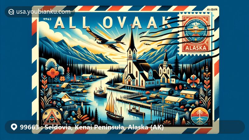 Modern illustration of Seldovia, Alaska, showcasing natural beauty and cultural heritage, featuring Seldovia Slough, St. Nicholas Orthodox Church, and Kachemak Bay fishing grounds.