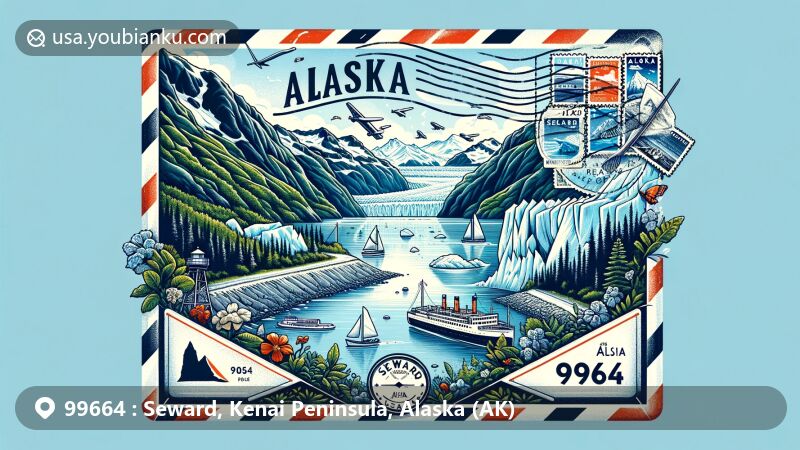 Modern illustration of Seward, Kenai Peninsula, Alaska, combining natural beauty with postal culture, featuring glaciers, marine wildlife from Kenai Fjords National Park, Resurrection Bay, and vintage airmail envelope with stamps, postmark, and ZIP Code 99664.