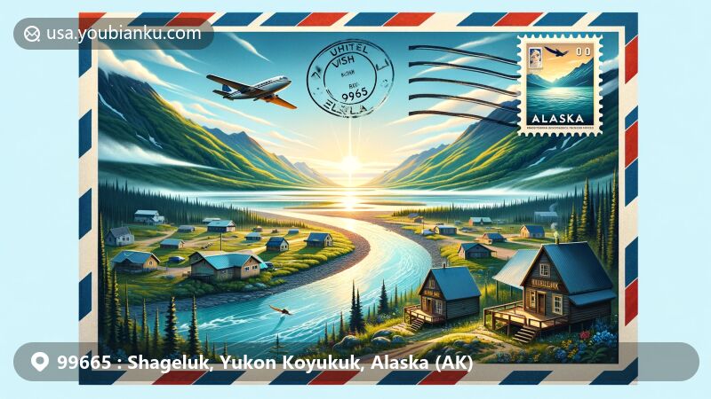 Modern illustration of Shageluk, Alaska, capturing the village's Athabascan Deg Hit'an culture and postal heritage with vintage air mail envelope, Alaska state flag stamp, and ZIP code 99665 postmark.