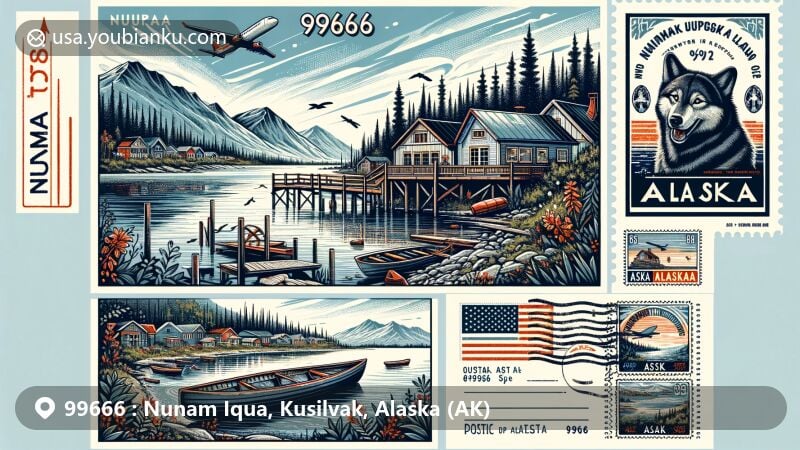 Modern illustration of Nunam Iqua, Alaska, showcasing the village with wooden houses, local waters, and Alaska wilderness, incorporating Yup'ik culture elements like a qaspeq and kayak, and featuring Nunam Iqua Airport, vintage postcard layout, ZIP code 99666, Alaska state flag, postal stamp, and postmark.