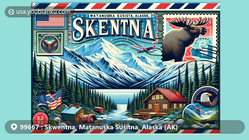 Creative illustration featuring Skwentna, Matanuska Susitna, Alaska (AK), blending natural landscapes like snow-capped mountains and forests with postal elements of ZIP Code 99667, showcasing Alaska's wilderness and adventure spirit.