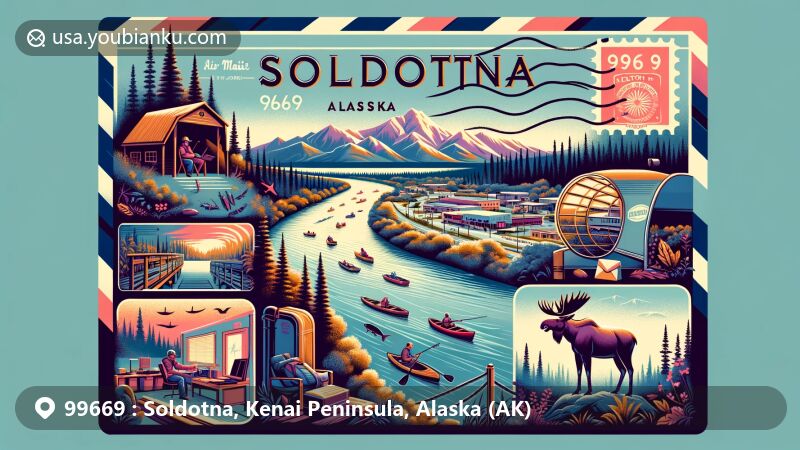 Modern illustration of Soldotna, Alaska, featuring airmail envelope design with ZIP code 99669, showcasing key landmarks like Kenai River, King Salmon, Soldotna Creek Park, and Kenai National Wildlife Refuge.