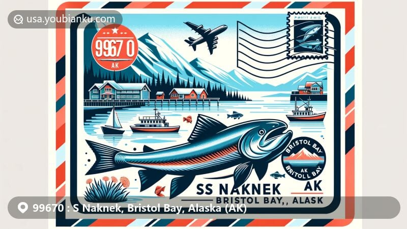 Modern illustration featuring postal theme of S Naknek, Bristol Bay, Alaska, showcasing postal code 99670, Alaska state flag, Bristol Bay outline, and sockeye salmon, designed as stylized postcard with postage stamp, postmark, and airplane symbol.