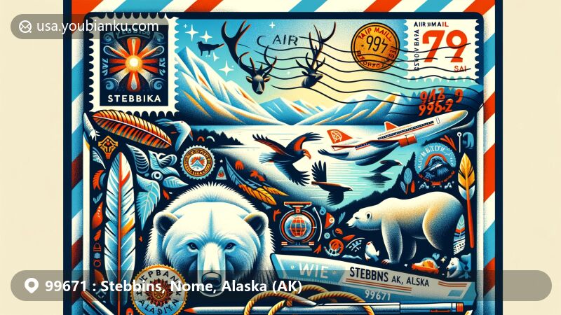 Modern illustration of Stebbins, Nome, Alaska, focusing on postal theme with ZIP code 99671 and showcasing Alaskan wildlife and indigenous cultural symbols.